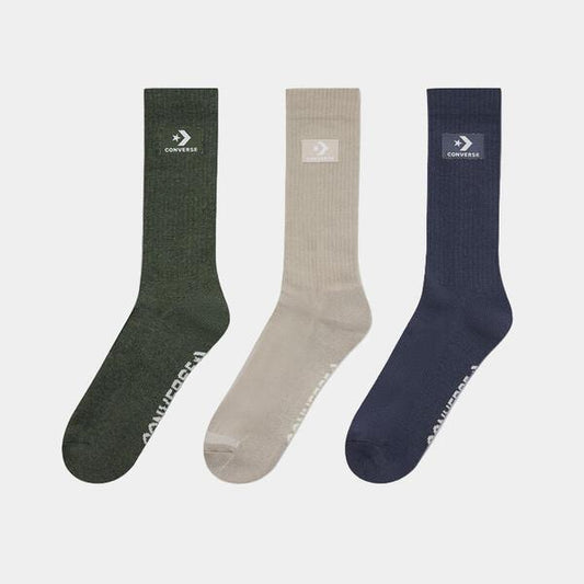 Converse Stacked Patch Crew Socks 3-Pack Green - Khaki - Slate-Black Sheep Skate Shop