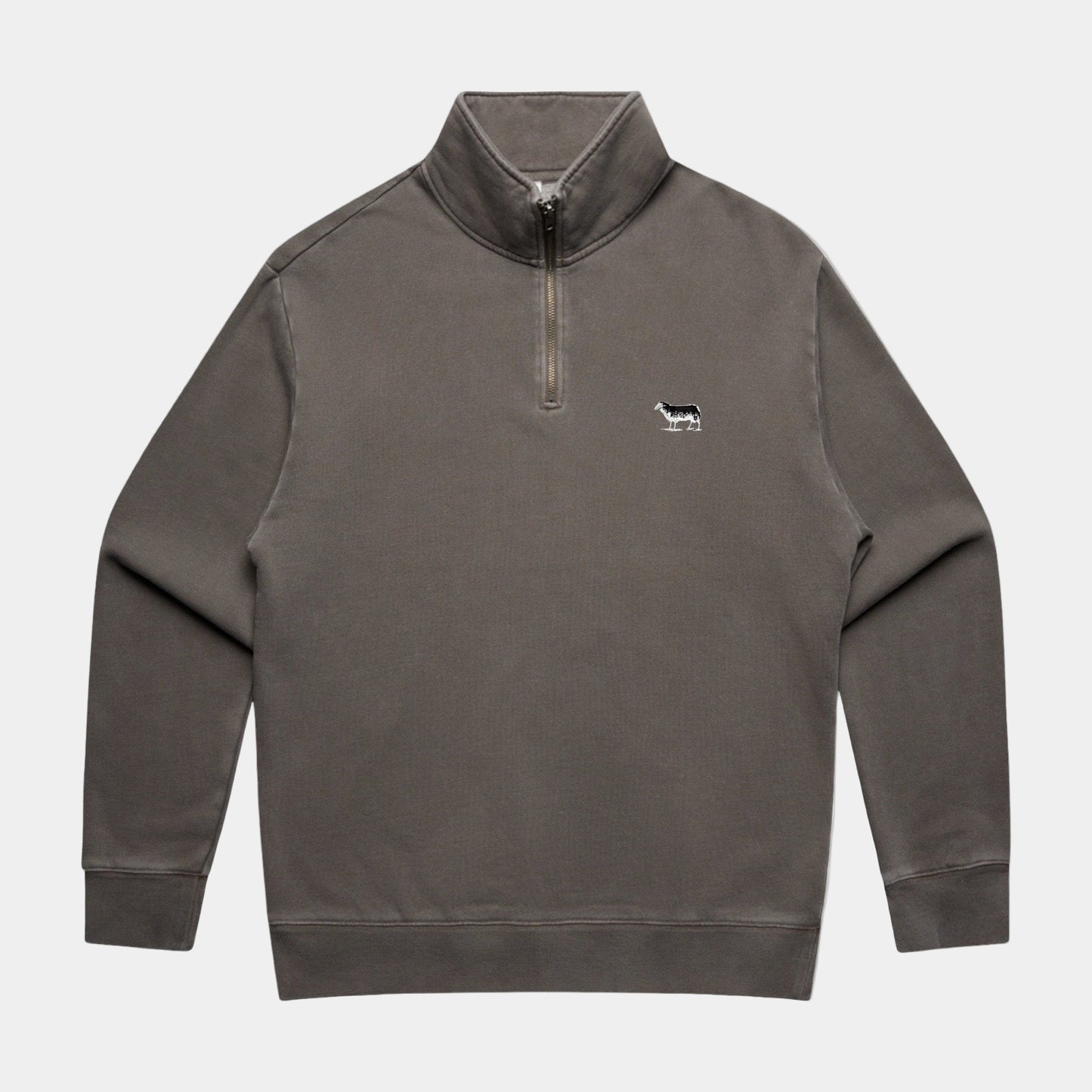Gray quarter-zip sweatshirt with a small logo on a white background