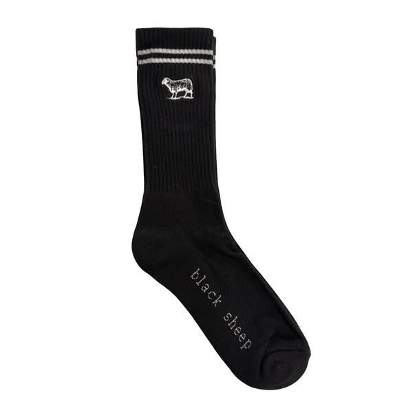 Black Sheep Embroidered Icon Premium Crew Socks Black - White Stripe-Black Sheep Skate Shop