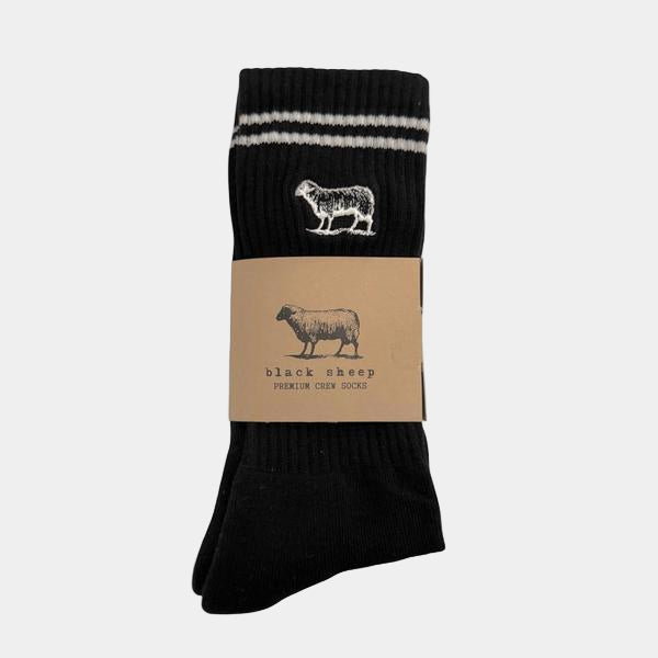 Black Sheep Embroidered Icon Premium Crew Socks Black - White Stripe-Black Sheep Skate Shop
