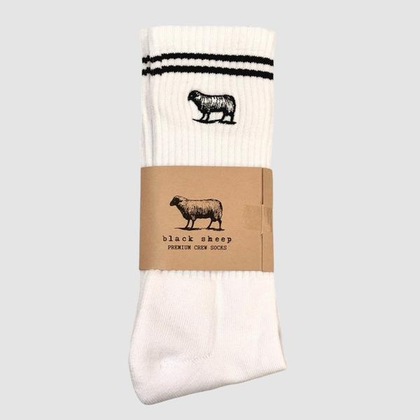 Black Sheep Embroidered Icon Premium Crew Socks White - Black Stripe-Black Sheep Skate Shop
