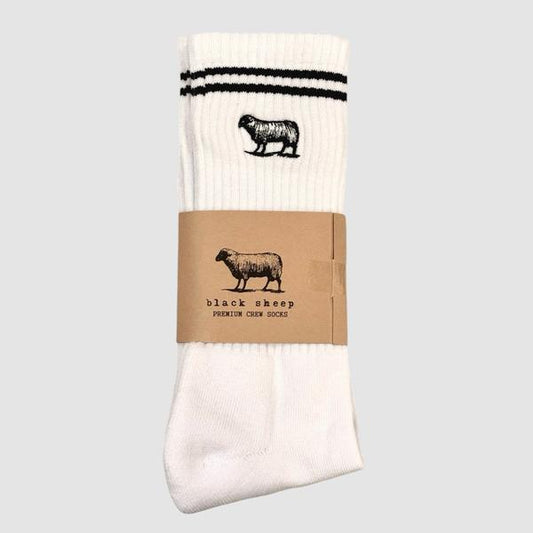 Black Sheep Embroidered Icon Premium Crew Socks White - Black Stripe-Black Sheep Skate Shop
