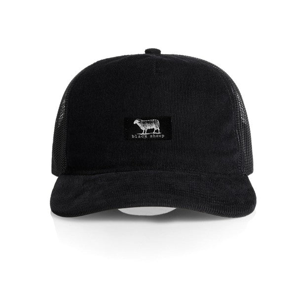 Black Sheep Icon Label Mesh Trucker Hat Black Corduroy-Black Sheep Skate Shop