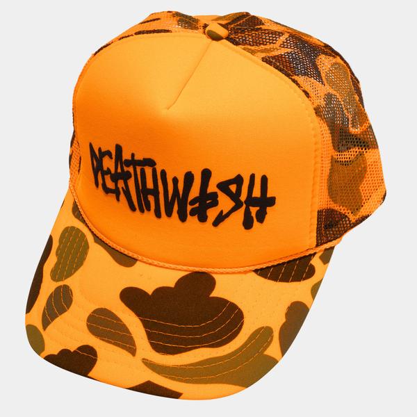 Deathwish Skateboards OG Deathspray Mesh Trucker Snapback Hat Orange Camo-Black Sheep Skate Shop