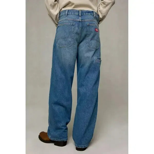 Dickies Double Knee Denim Work Jeans Loose Fit Straight Leg Mid Blue Fade Wash-Black Sheep Skate Shop