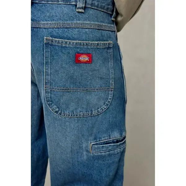 Dickies Double Knee Denim Work Jeans Loose Fit Straight Leg Mid Blue Fade Wash-Black Sheep Skate Shop