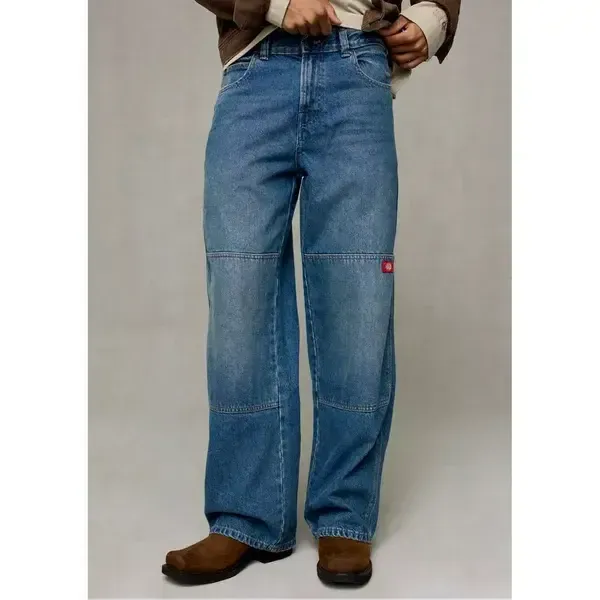 Dickies Double Knee Denim Work Jeans Loose Fit Straight Leg Mid Blue Fade Wash-Black Sheep Skate Shop