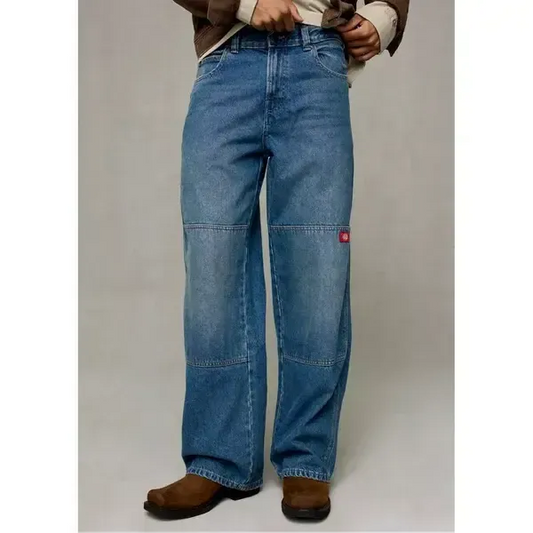 Dickies Double Knee Denim Work Jeans Loose Fit Straight Leg Mid Blue Fade Wash-Black Sheep Skate Shop