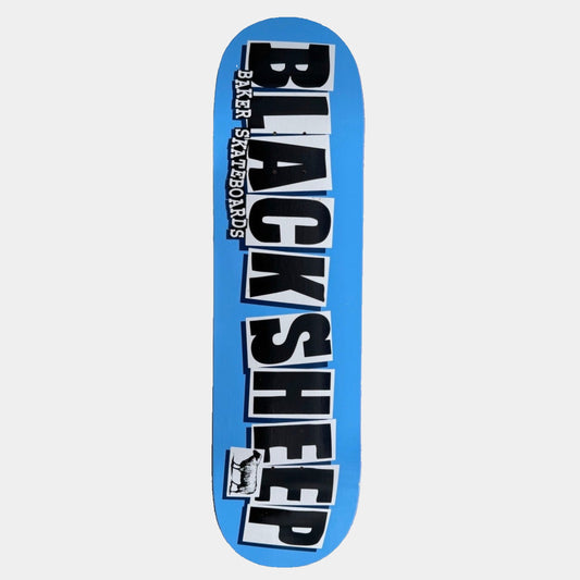 Skateboard deck with 'Black Sheep' branding on a blue background