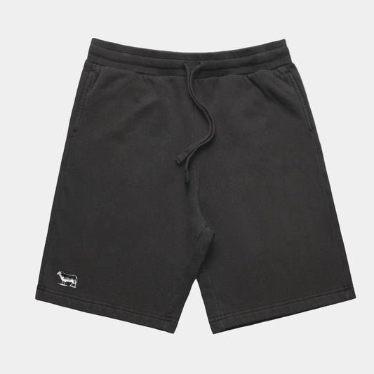 Black shorts with a small logo on a white background