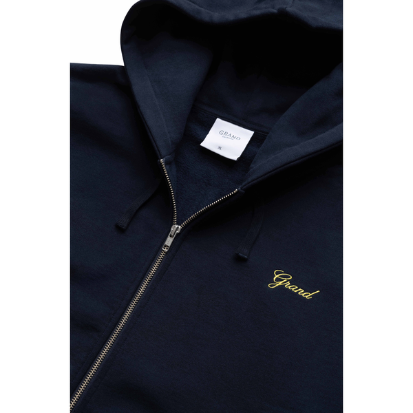 Grand Collection Script Embroidered Zip Hoodie Midnight Navy - Yellow-Black Sheep Skate Shop