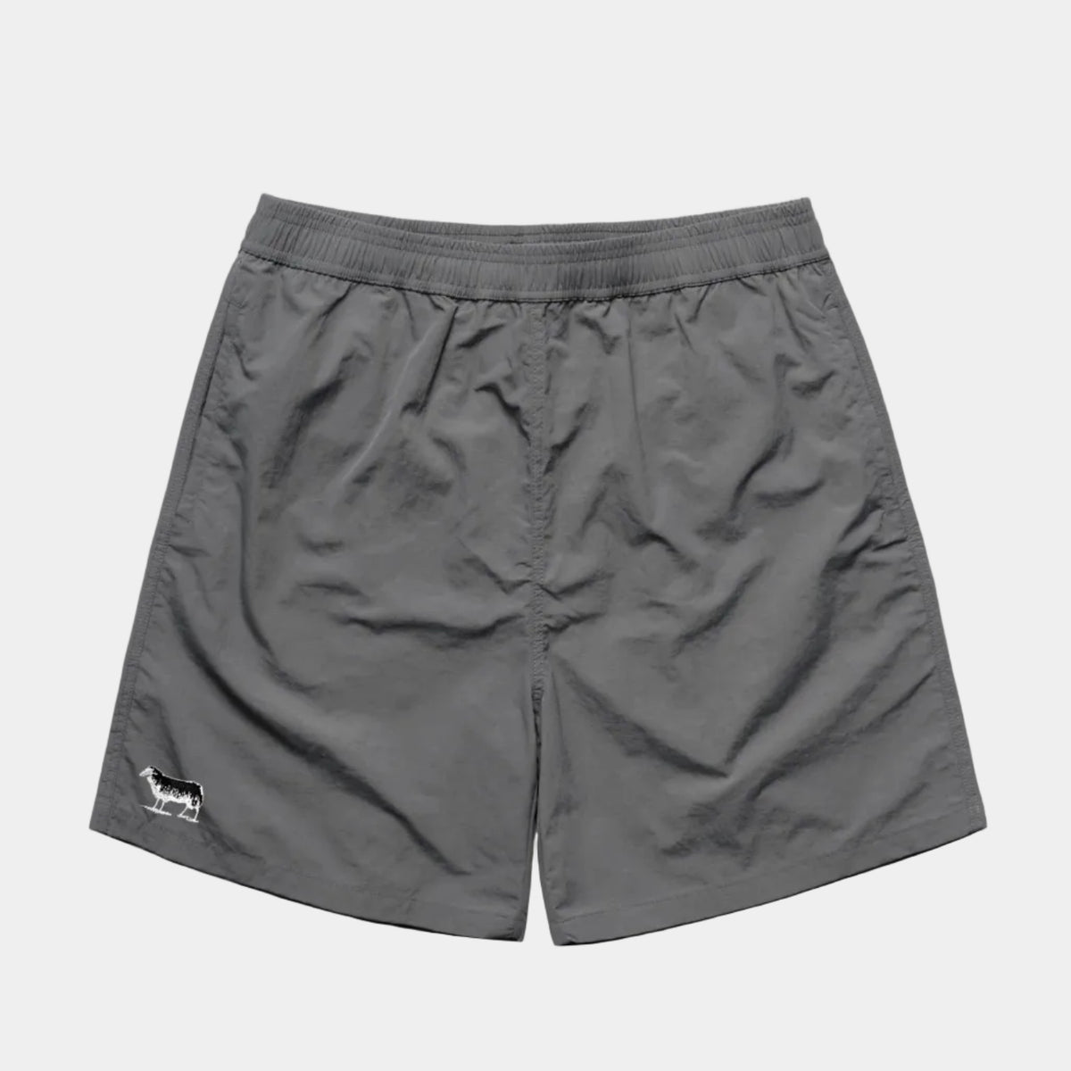 A pair of dark gray athletic shorts with an elastic waistband and a small white sheep logo on the lower left leg, displayed flat against a white background.
