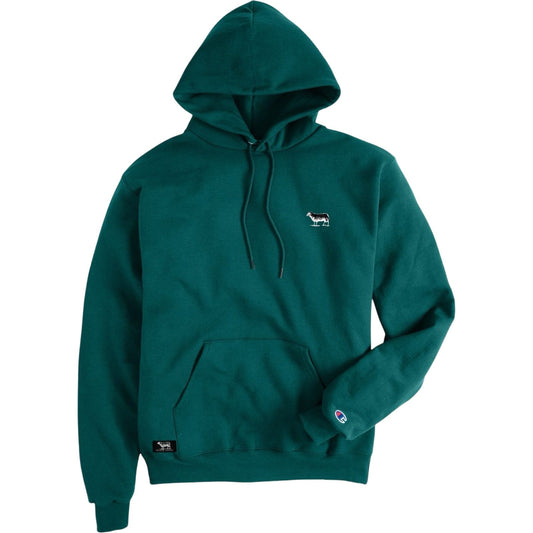 Green hoodie with a small logo on a white background