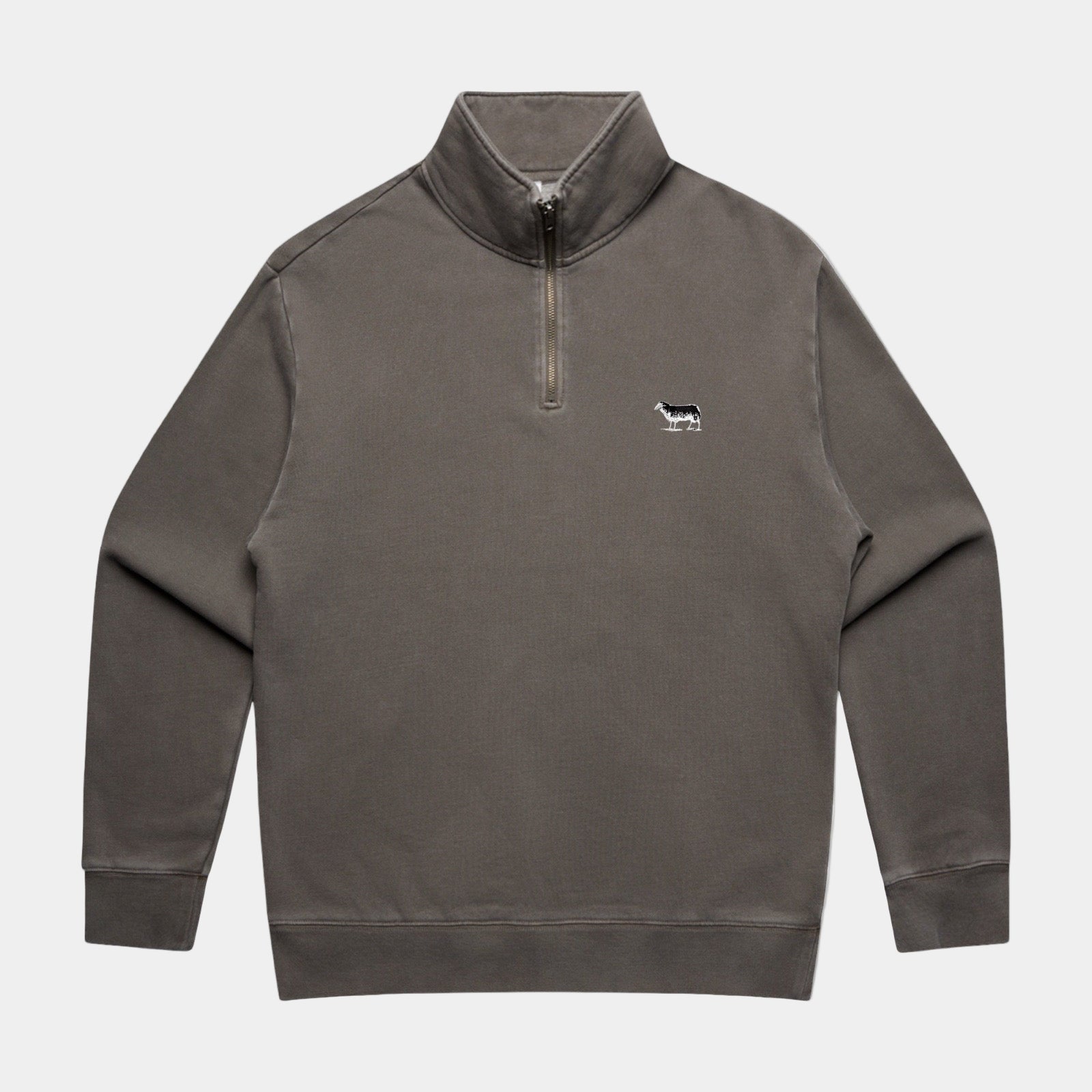 Gray quarter-zip sweatshirt with a small logo on a white background