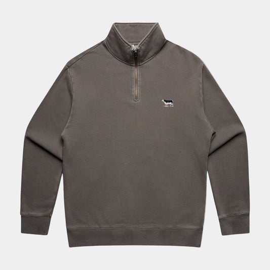 Gray quarter-zip sweatshirt with a small logo on a white background