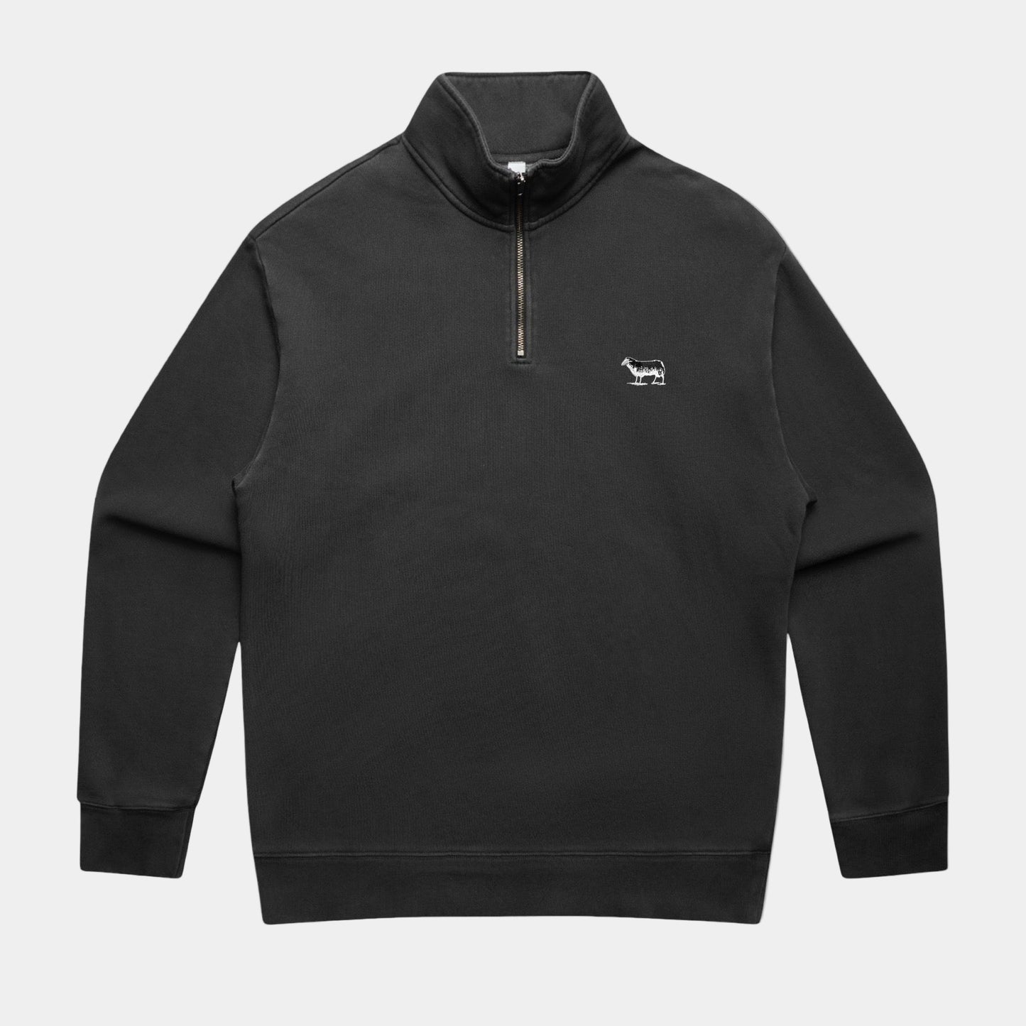 Black quarter-zip sweatshirt with a small logo on a white background