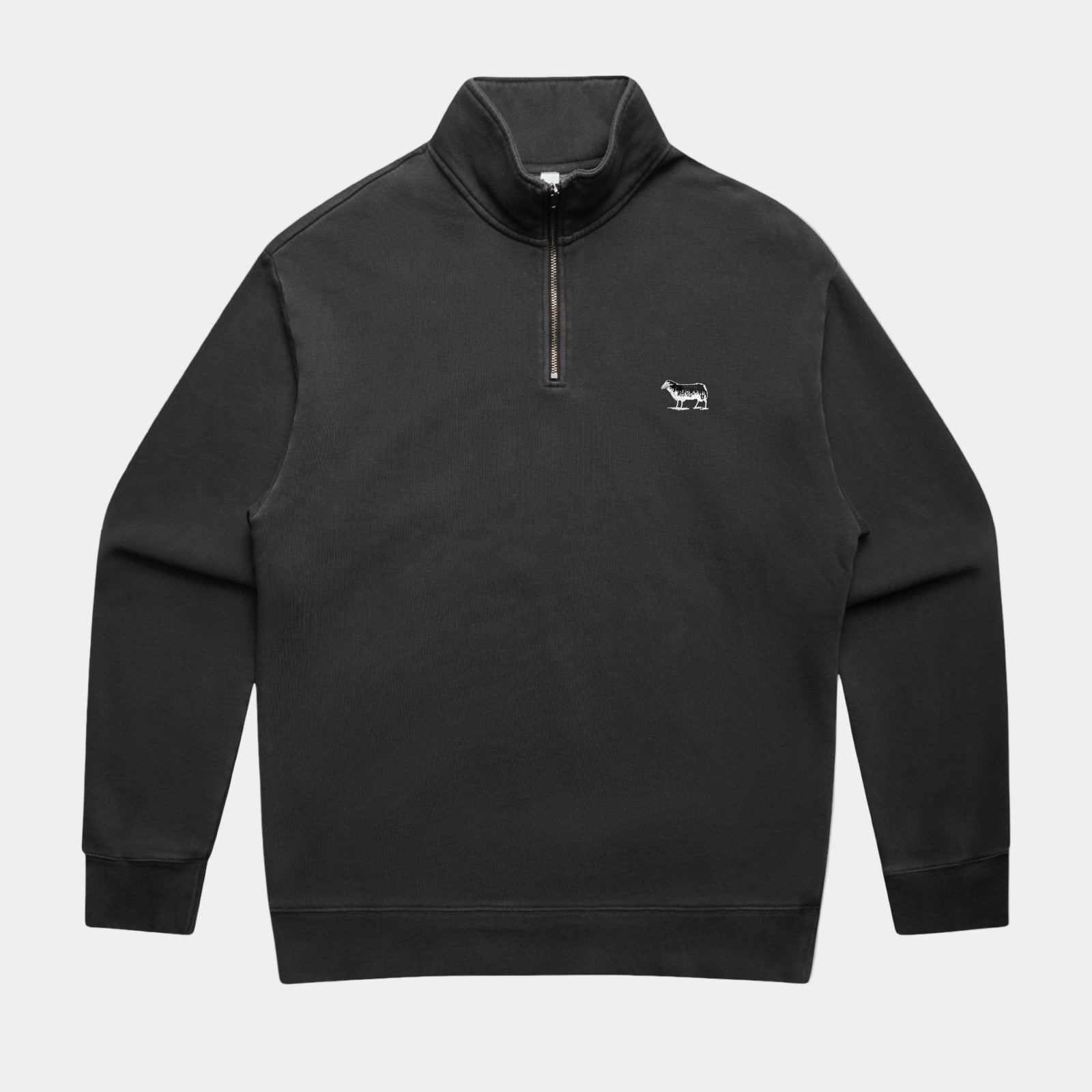 Black quarter-zip sweatshirt with a small logo on a white background