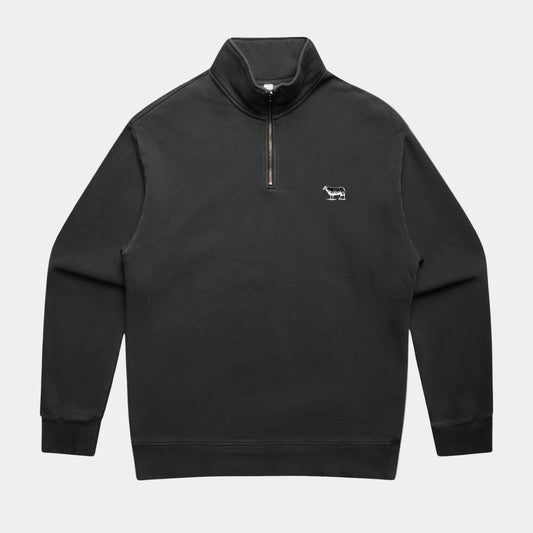 Black quarter-zip sweatshirt with a small logo on a white background