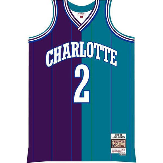Mitchell & Ness Charlotte Hornets Larry Johnson Split Swingman Jersey Teal - Purple-Black Sheep Skate Shop