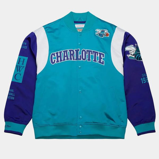 Mitchell & Ness Charlotte Hornets Retro NBA Team Origins Satin Jacket Teal - Purple - White-Black Sheep Skate Shop
