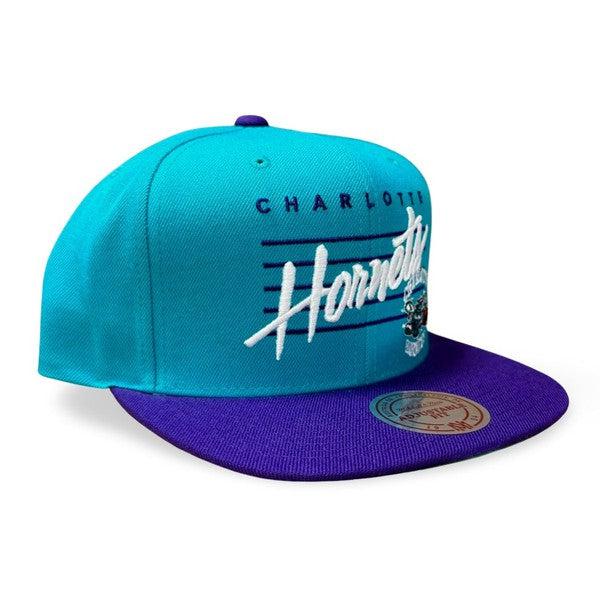 Mitchell & Ness Cursive Script Snapback Hat with Retro Charlotte Hornets Logo Teal-Black Sheep Skate Shop