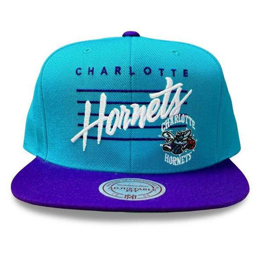Mitchell & Ness Cursive Script Snapback Hat with Retro Charlotte Hornets Logo Teal-Black Sheep Skate Shop