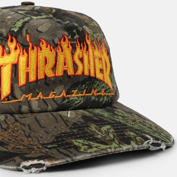 Thrasher Distressed Embroidered Flame Logo Snapback Hat Camo-Black Sheep Skate Shop