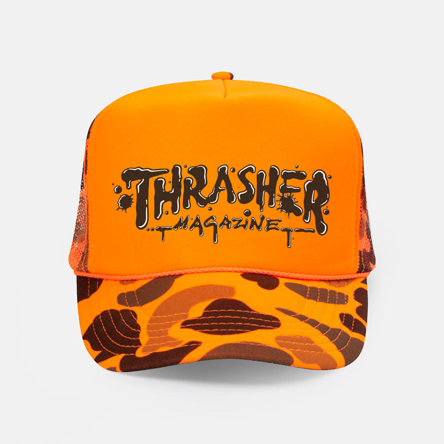 Thrasher Wet Paint Trucker Mesh Snapback Hat Orange Camo