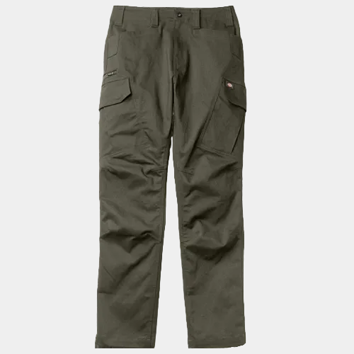 A pair of olive green cargo pants shown flat against a solid white background, featuring multiple utility pockets and a button closure.